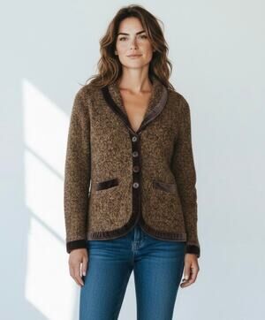 Anthropologie HWR Monogram Boucle Knit Sweater Blazer Jacket, Brown, Small